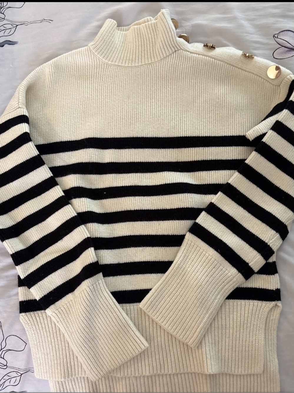 Striped Mock Neck Sweater with Shoulder Buttons - Cream & Black